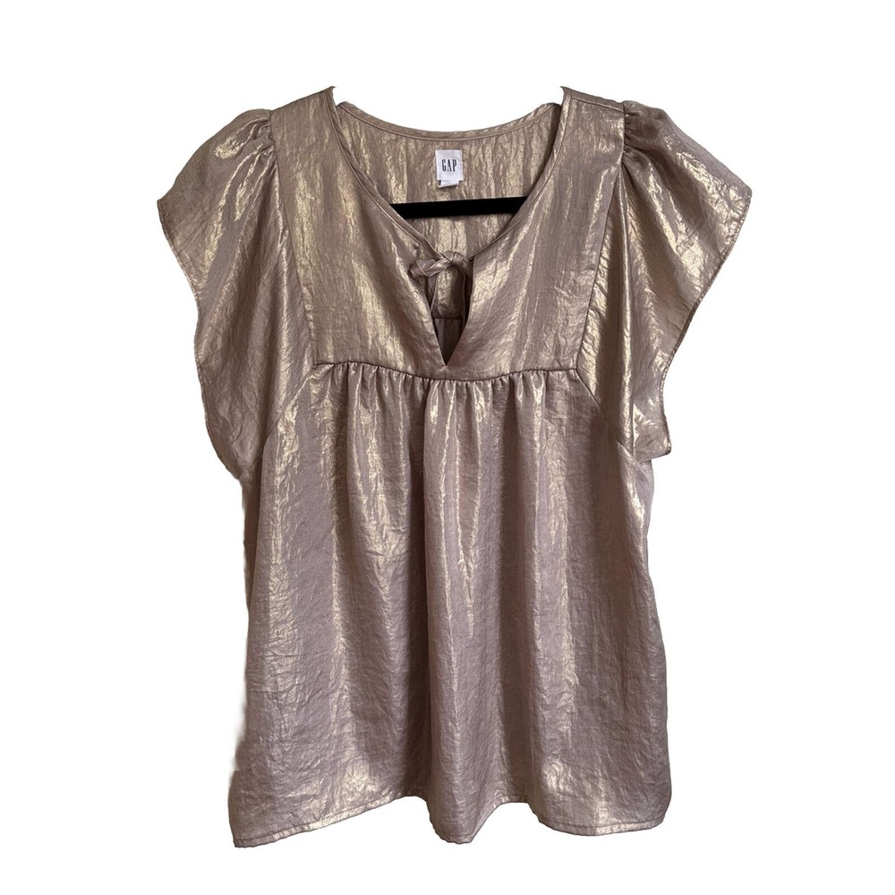 Gap Blouse Sz: S Gold Metallic Tie Front Flutter Sleeve Plaid Short Sleeve Top